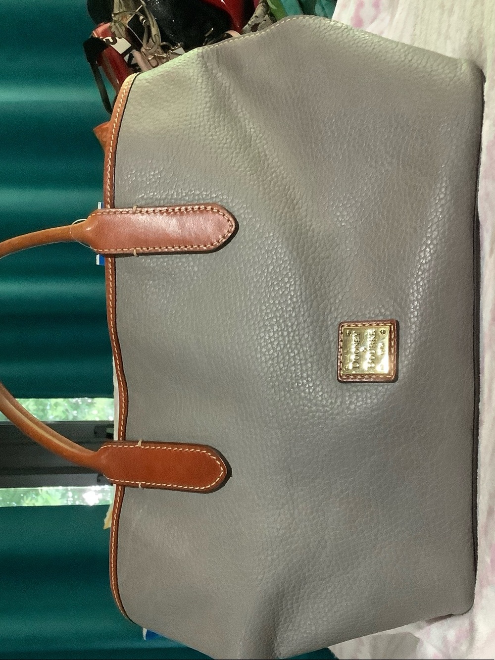 Dooney & Bourke Gray Pebbled Leather Tote with Brown Trim and Gold Plaque